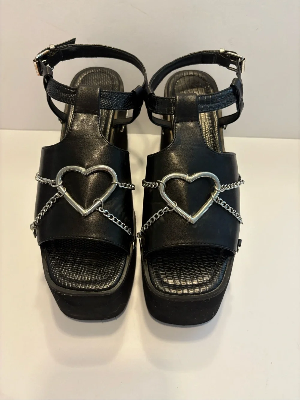 Heart Hardware Chain Wedge Platform Sandals Black Gothic, Grunge, Punk Sz 8